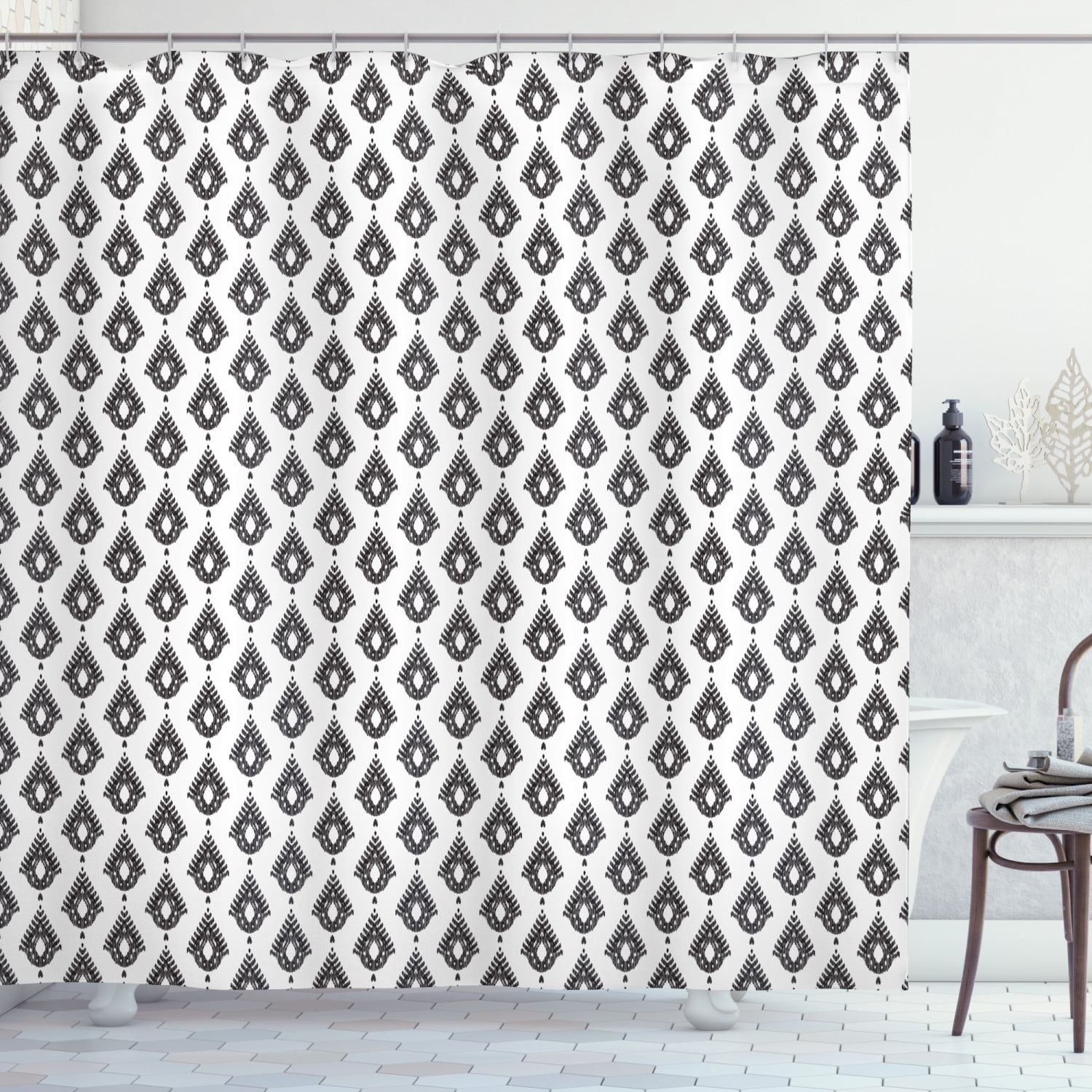 Boho Shower Curtain, Ikat Inspired Drop Motif in Monochrome Design with