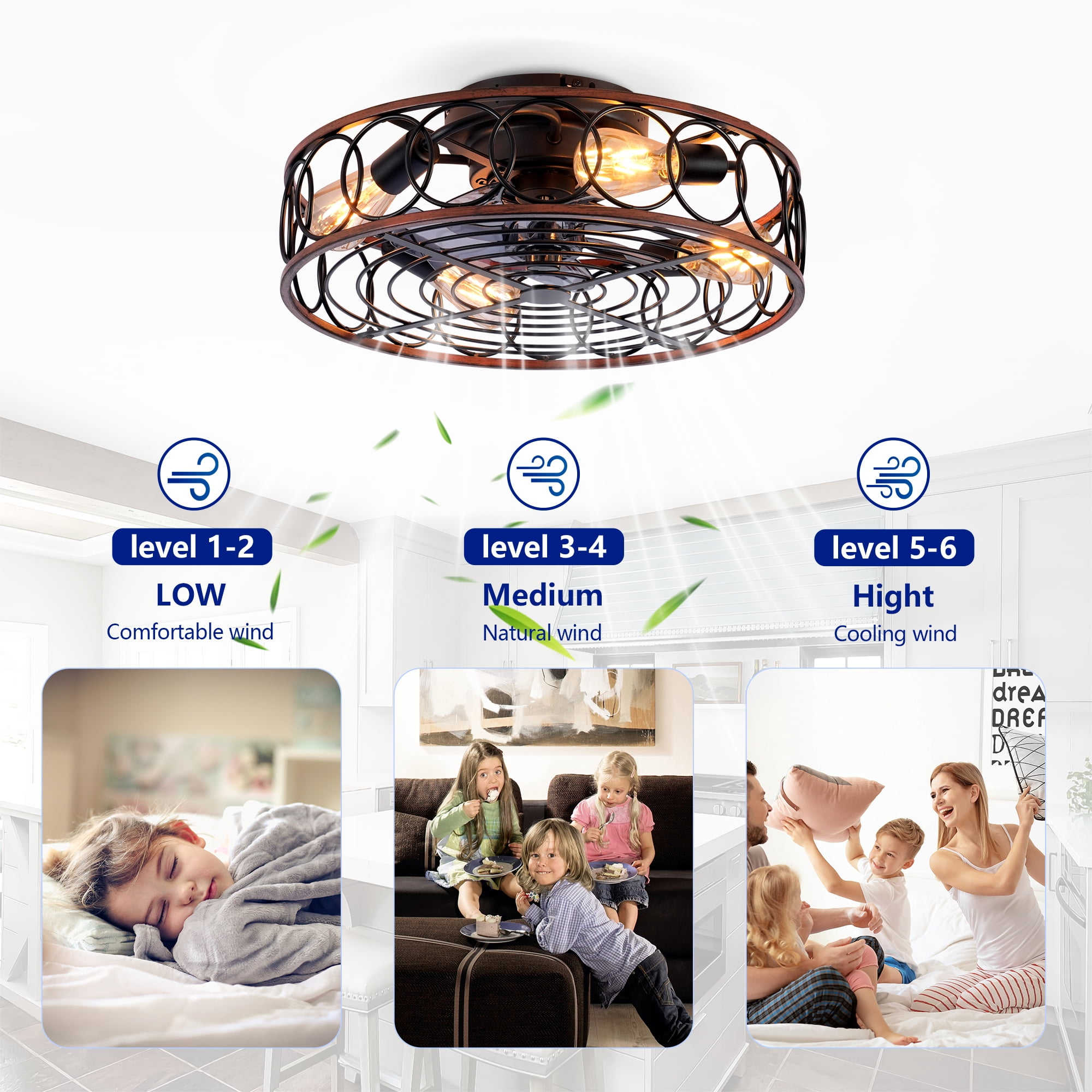 Leumius 20" Black Caged Ceiling Fan with Lights and Remote Control ,Reversible Motor, DC Remote Control,6 Speed Ceiling Fan for Living Room Bedroom Dining Room (NOT Included Bulbs)