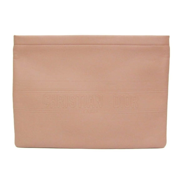 Pre-Owned Christian Dior Striped Logo Pouch Women,Men Leather Clutch Bag Pink Beige (Good)