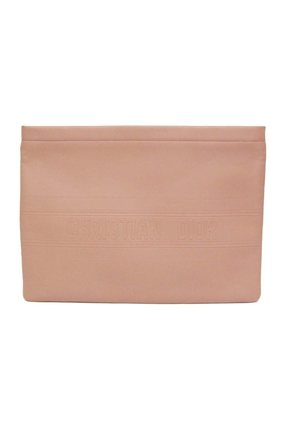 Pre-Owned Christian Dior Striped Logo Pouch Women,Men Leather Clutch Bag Pink Beige