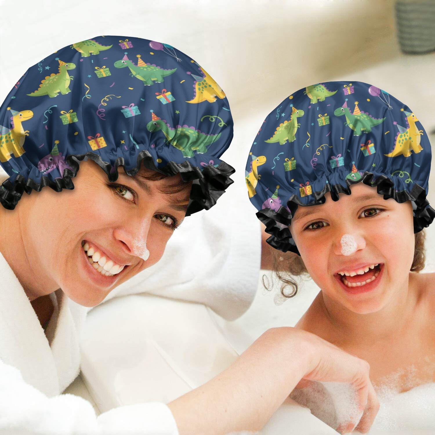 Shower Caps,DarkBlue Cartoon Dinosaurs PartyElements Pattern Waterproof Shower Cap for Women 4 Pieces,Double Reusable Hair Cover for Shower PEVA Elastic Stretch Hem