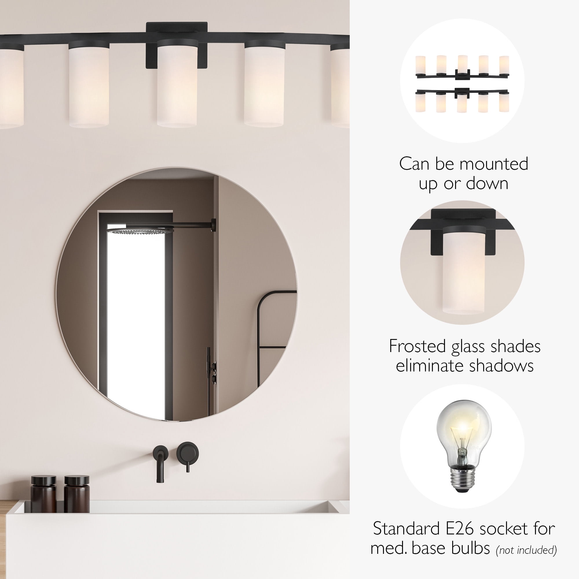Breckham 5-Light Vanity Light in Black, 38.0 in Curved Bar with Frosted Glass