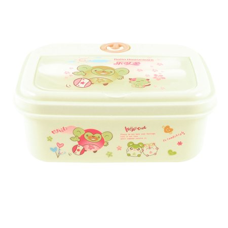 Unique Bargains Students Cartoon Pattern Food Holder Container Lunch Box Off White w Spoon Fork