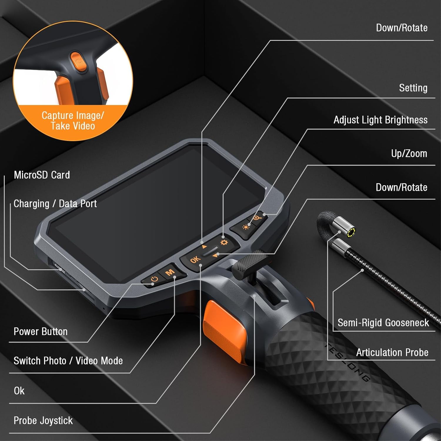Teslong Two-Way Articulating Borescope Inspection Camera 8.5mm Industrial Endoscope Flexible Probe 5FT