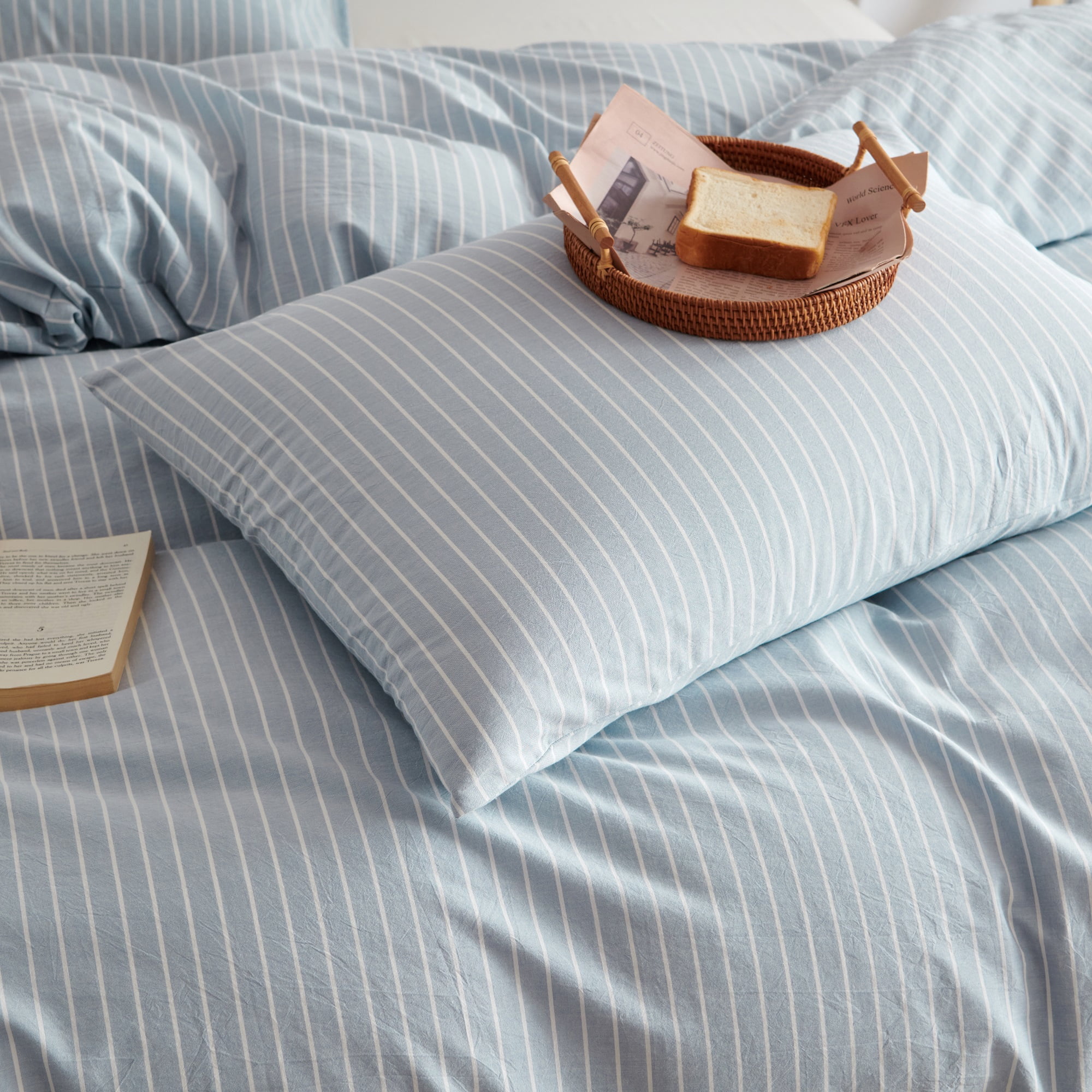 3 Pieces 100% Washed Cotton White Blue Striped Duvet Cover Set Breathable Durable Soft Queen Bedding Set for All Season with Zipper Closure Corner Ties