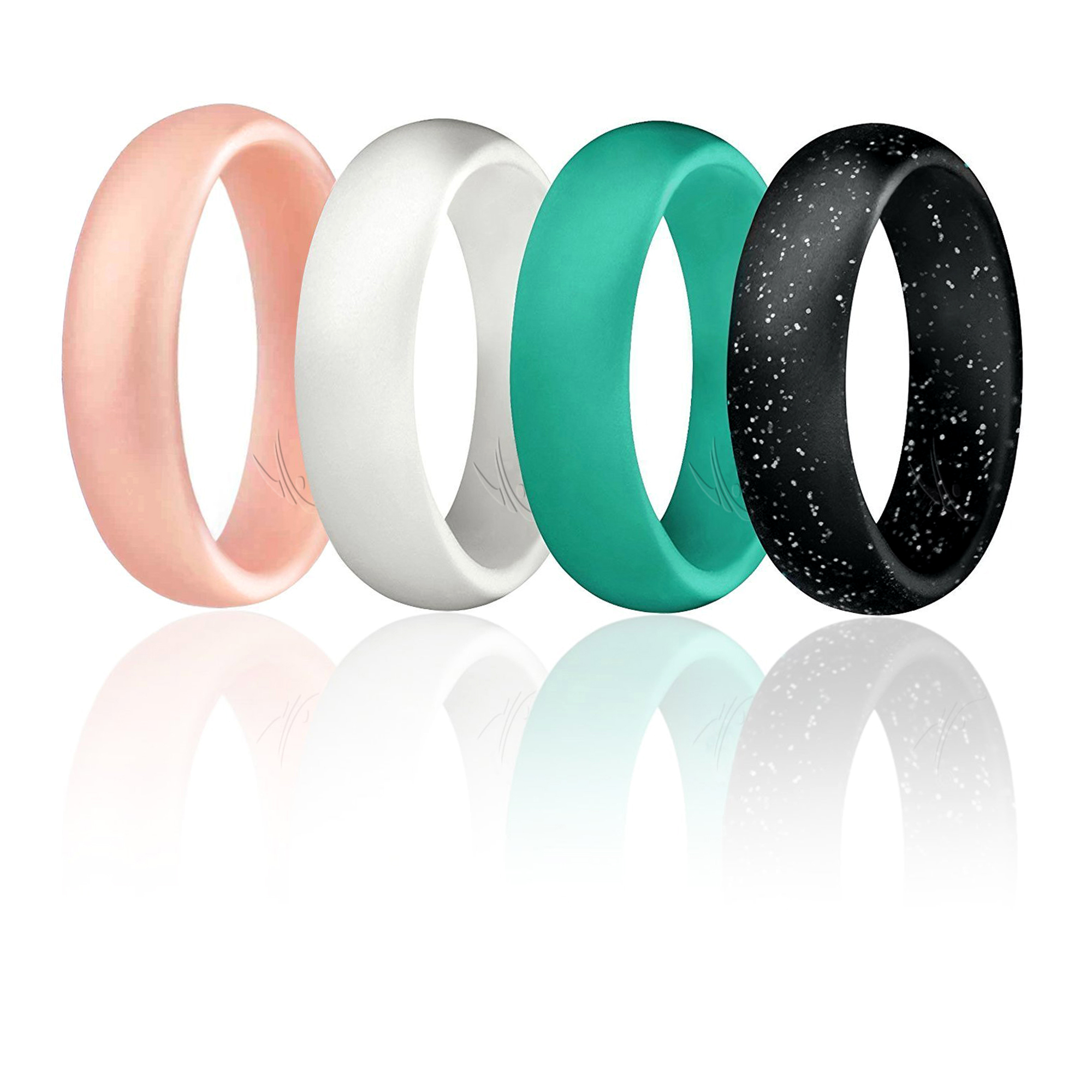 White with Pink Glitter Turquoise Size 7 Pink Set of 4 Silicone Rubber Wedding Bands Silver ROQ Silicone Wedding Ring for Women