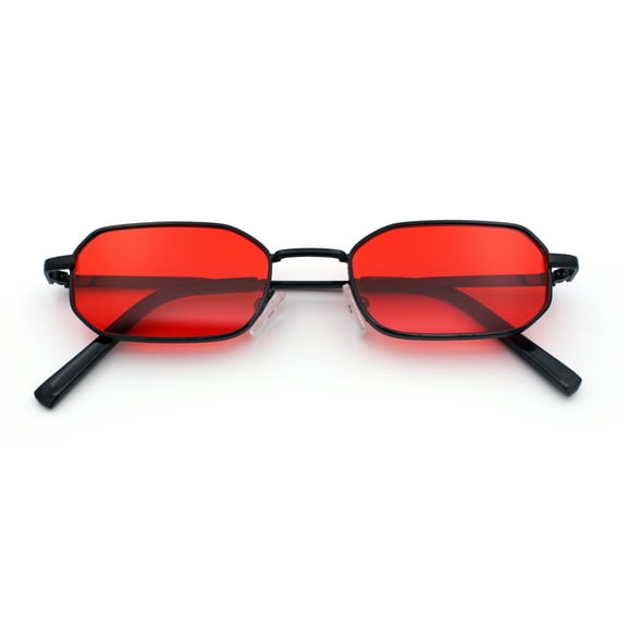 Timless Iconic Hipster Metal Rim Narrow Rectangle Snug Hustler Sunglasses Black - Red