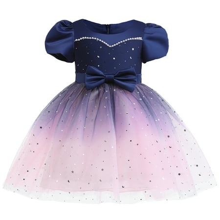 

MIKRDOO Princess Dress For 2T Toddler Baby Girls Star Print Sequins Bow Short Sleeve Round Neck Gauze Puffy Dress Princess One Piece Party Dress 2-3 Years Blue