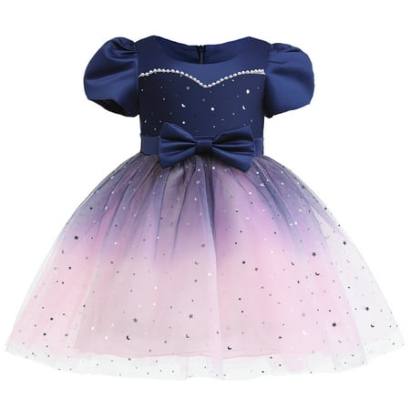 

MIKRDOO Princess Dress For 2T Toddler Baby Girls Star Print Sequins Bow Short Sleeve Round Neck Gauze Puffy Dress Princess One Piece Party Dress 2-3 Years Blue