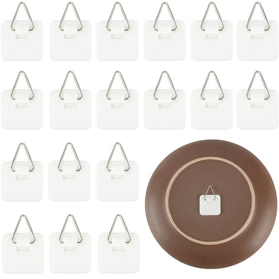 20Pcs Invisible Adhesive Plate Hanger Plastic & Stainless Steel Plate Holders for Wall White 32x32mm
