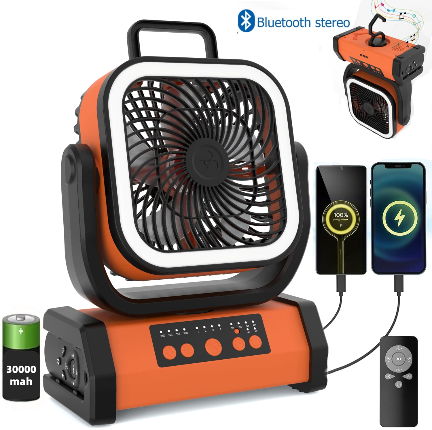 30000wAh LED Camping Fan with Remote, 4 Speeds, USB-C Charging, Timer,Automatic Oscillation, Hanging Hook,Ideal for Camping, Power outages and Hurricanes