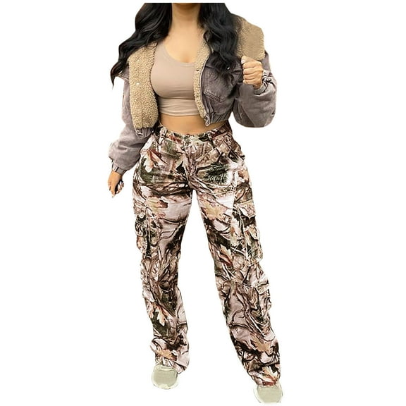 IROINNID Women's Cargo Pants High Waist Straight Tube Multicolor Camouflage Cargo Pants,Camouflage