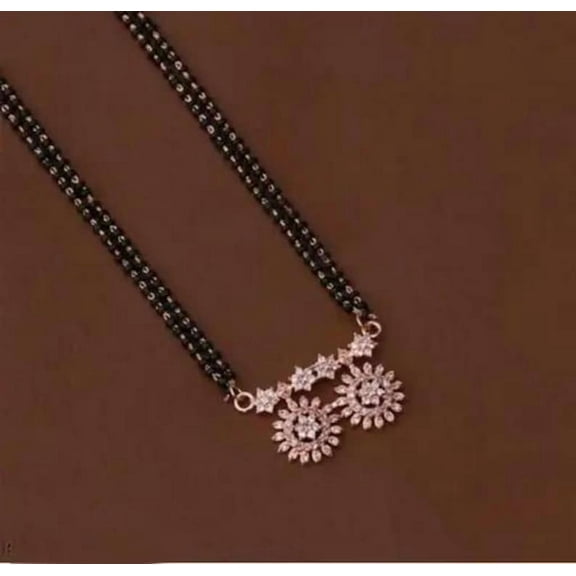 Women's Designer Double Floral CZ Pendant Mangalsutra with Dual Black Bead Chain