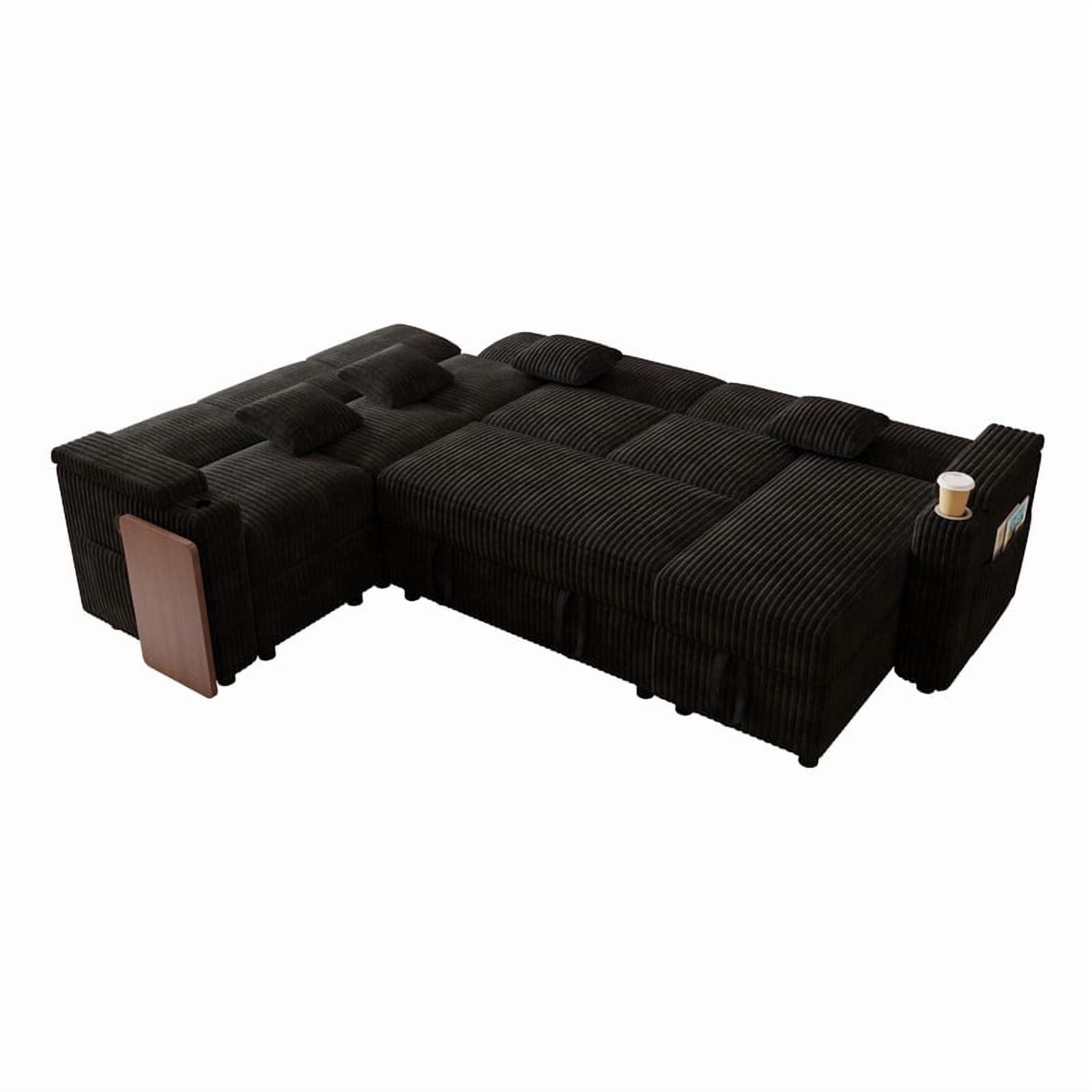 100" U-Shaped Sleeper Sofa with Pull-Out Bed, USB Charging Ports, Cup Holder, Flip-Top Table, Storage Chaise, Corduroy Sectional Couch for Living Room, Apartment & Guest Room