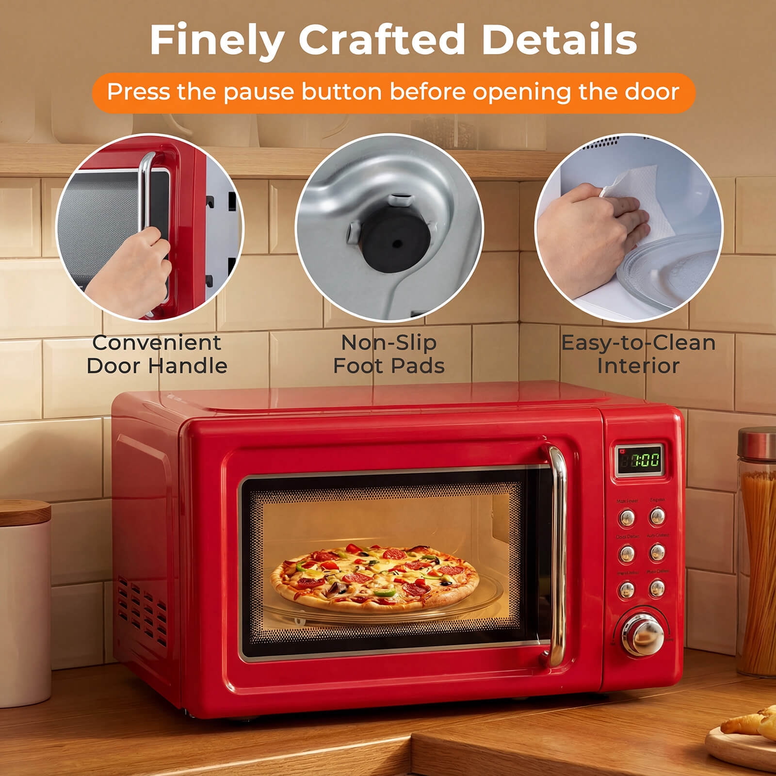 Costway 0.7 Cu.ft Retro Countertop Microwave Oven 700W LED Display Glass Turntable Red