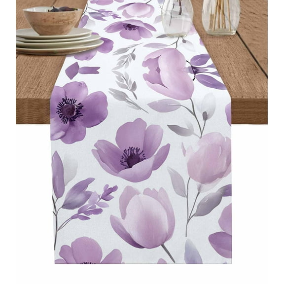 Table Runner Dresser Scarf 13 x 70 Inch Purple Flower Spring Floral Plant Pastoral Style Table Runners Non-Slip Heat Kitchen Dining Table Decor for Indoor Outdoor Home Party Decoration