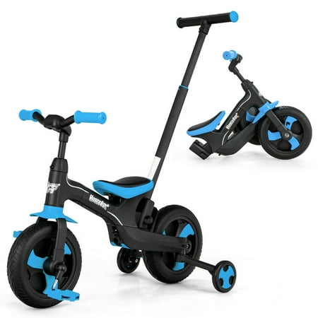 Gymax 5 in 1 Kids Bicycle Foldable Toddler Balance Bike W Detachable Push Handle Blue Walmart