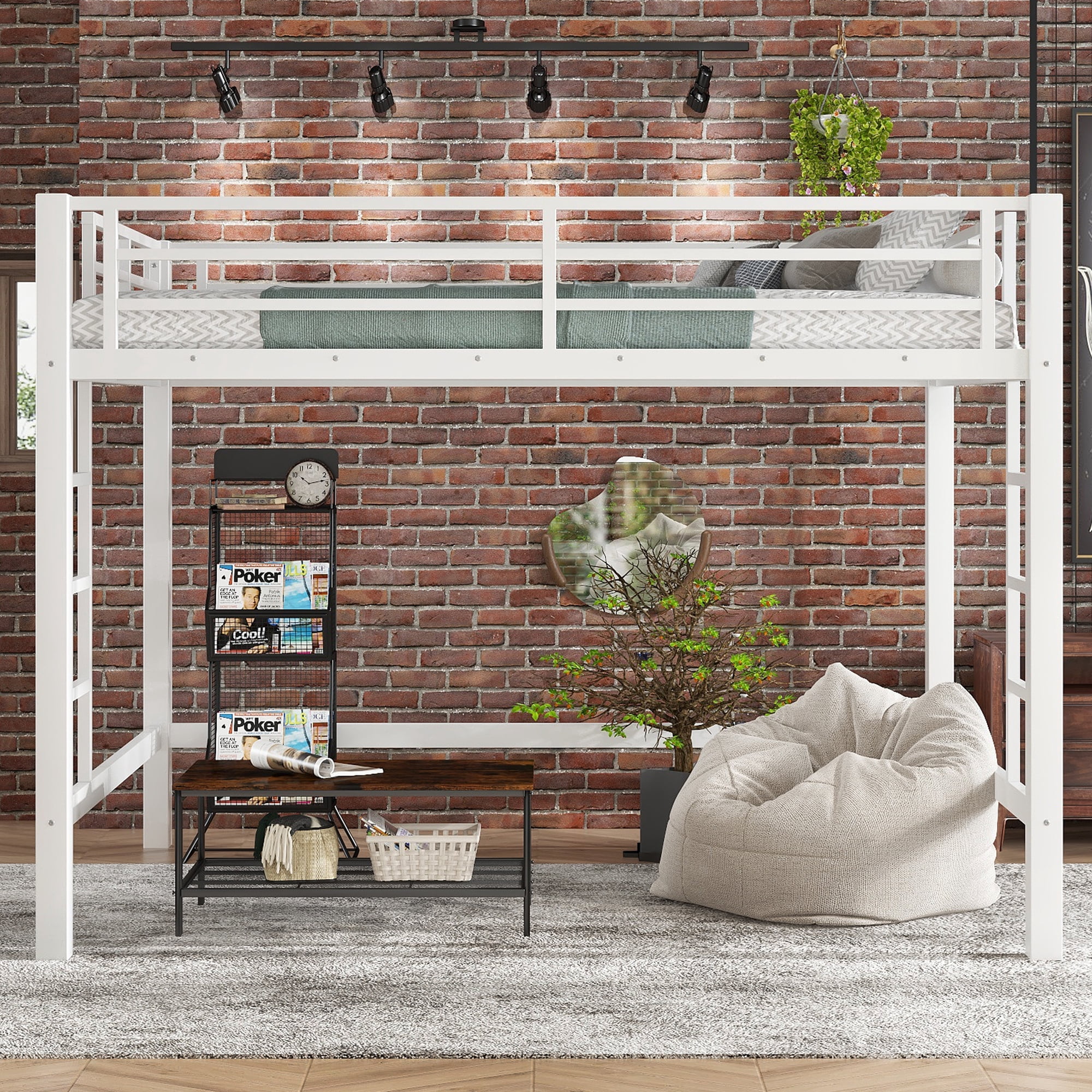 Leumius Loft Bed Queen Size,Heavy Duty Metal Bed Frame with Easy Climbing Ladder and Guardrails,White