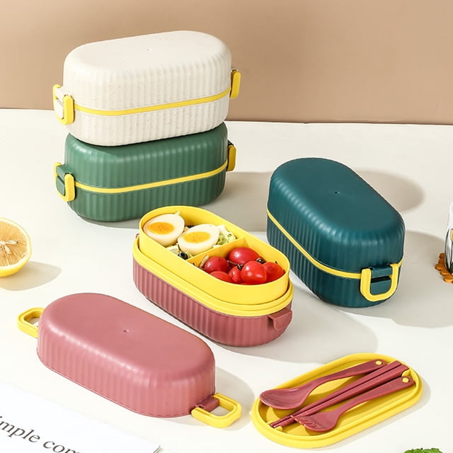 Juego de lonchera de plástico de doble capa para la oficina del estudiante Bento | Almacenamiento de alimentos con palillos de cuchara y tenedor | Contenedor apto para microondas a prueba de fugas