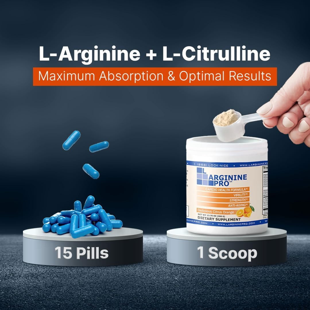 L-Arginine Pro Powder - 5500mg L-Arginine, 1100mg L-Citrulline Cardio Health, Citrus Orange, 3 Jars