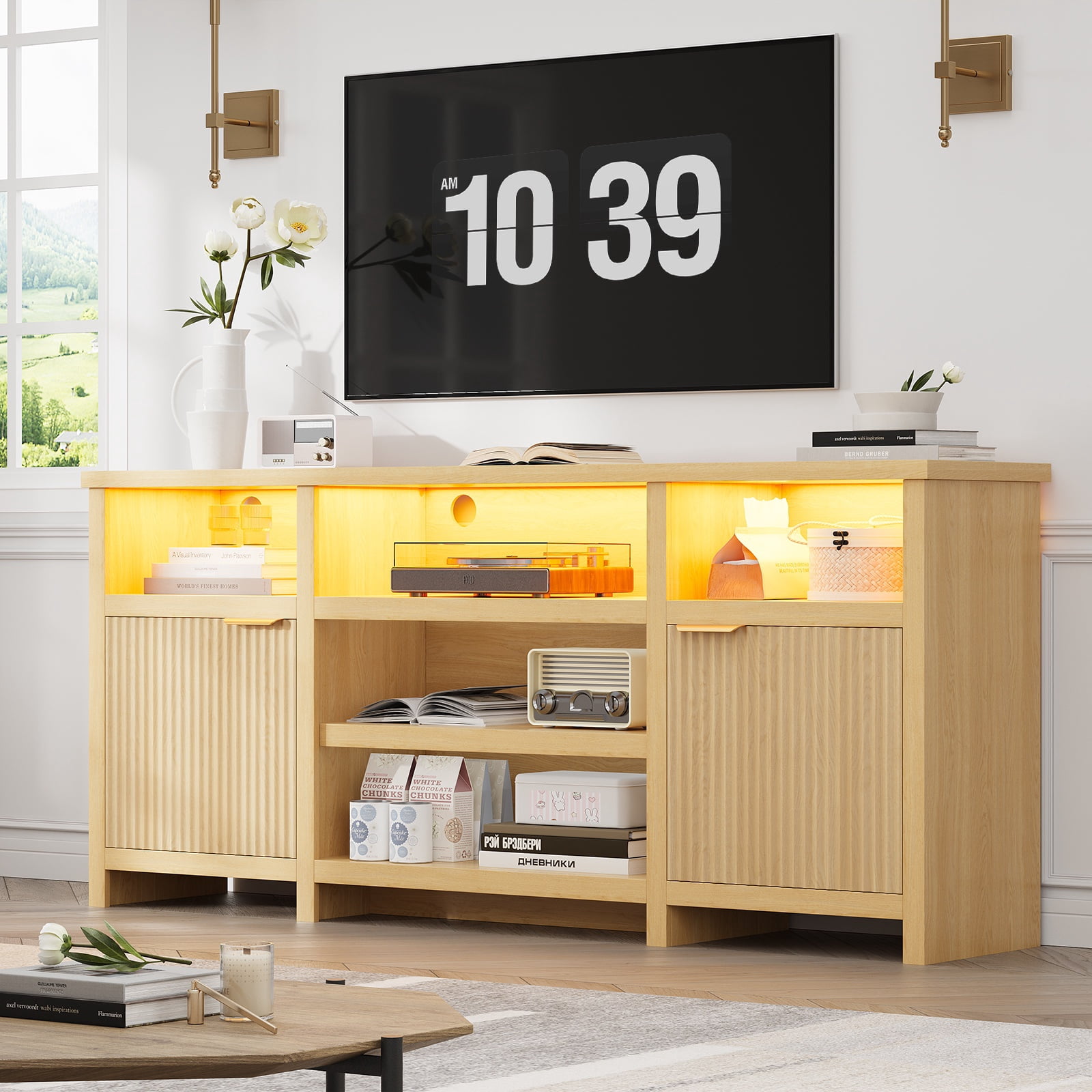 Farmhouse LED TV Stand for 80-inch TVs, Wooden Highboy TV Cabinet Media Console Entertainment Center with Storage for Living Room, Oak