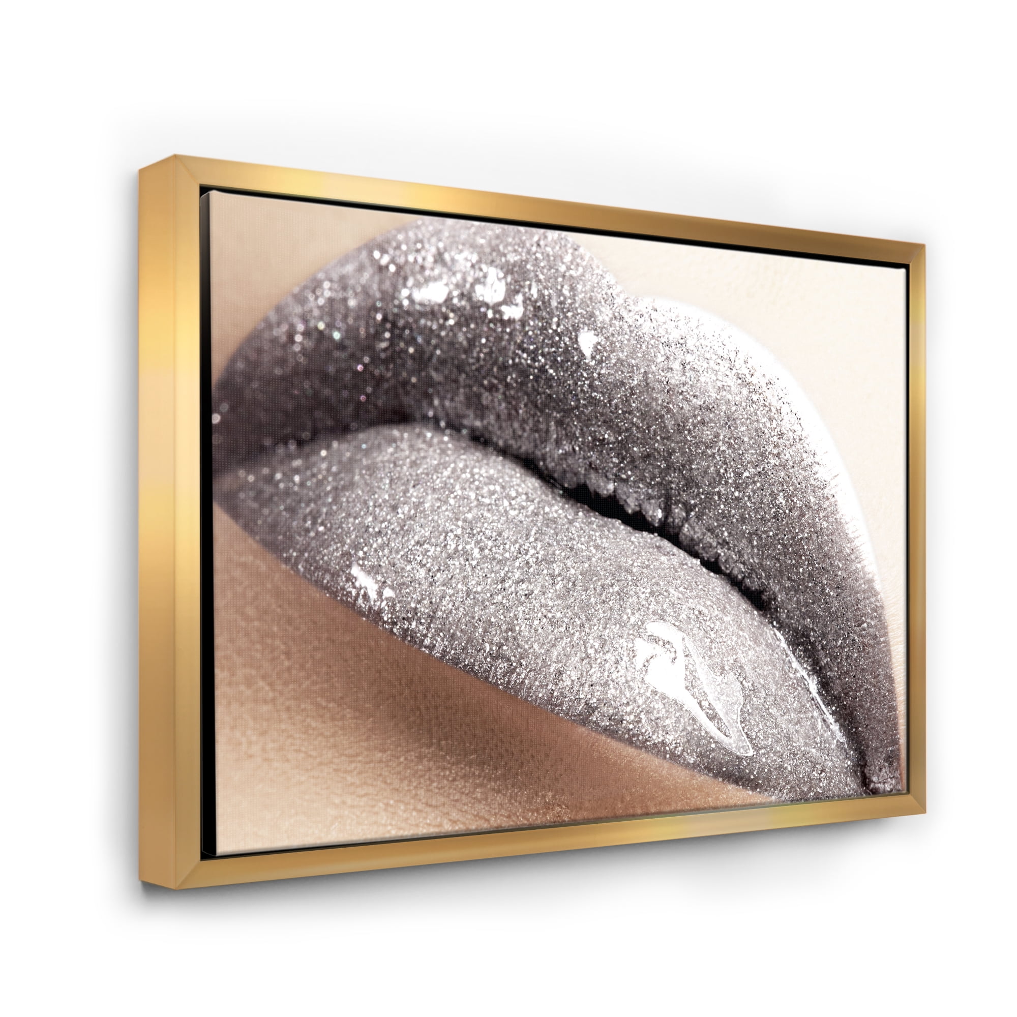 Designart 'Close Up of Female Lips With Glittering Silver' Modern Framed Canvas Wall Art Print