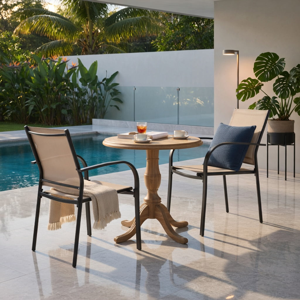 Hommoo 2-Pack Stackable Outdoor Dining Chairs with Armrests, Rust-Resistant Steel Frame, Breathable Fabric Seat, Patio Chairs for Deck, Garden, Poolside, Brown