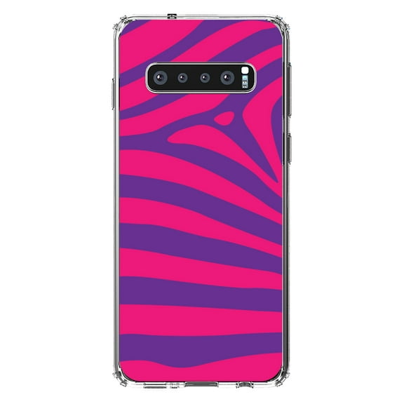DistinctInk Clear Shockproof Hybrid Case for Samsung Galaxy S10  PLUS(6.4" Screen) - TPU Bumper, Acrylic Back, Tempered Glass Screen Protector - Purple Hot Pink Zebra Skin Stripes