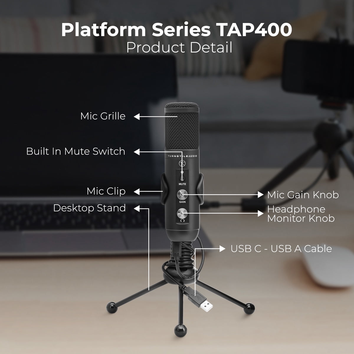 Turnstile Audio Platform Series TAP400 Cardioid USB Condenser Microphone, Professional Grade, PC, Mac, Gain Control, Zero Latency, Gaming, Streaming, Podcasts, Twitch, YouTube, Discord
