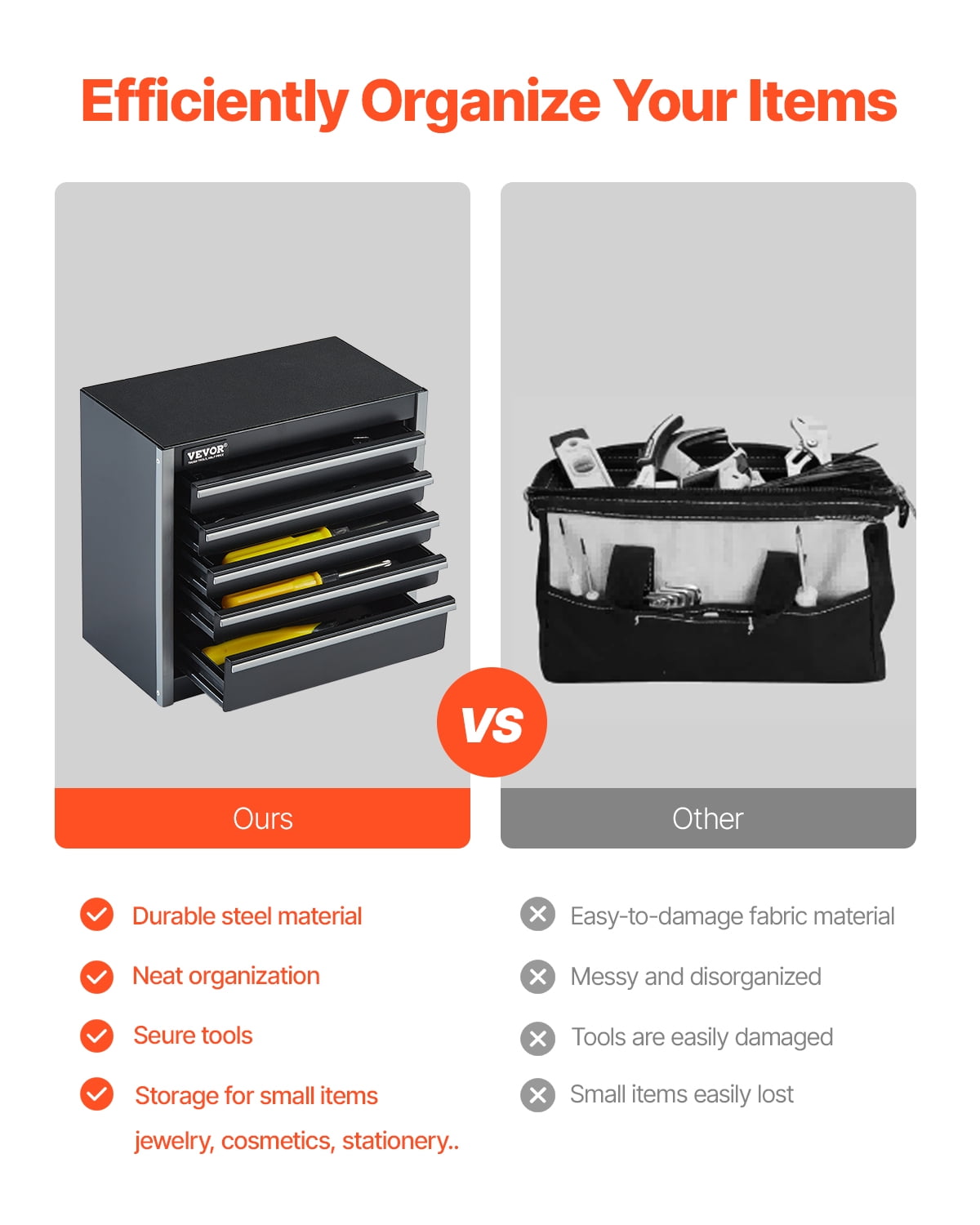 VEVOR Metal Tool Box, 8.6-inch, Portable Metal Tool Box with 5 Drawers, Small Tool Chest with EVA Liners and PP Feet Pads, Heavy-Duty Steel With Ball Bearing Opening and Powder Coated Finish, Black