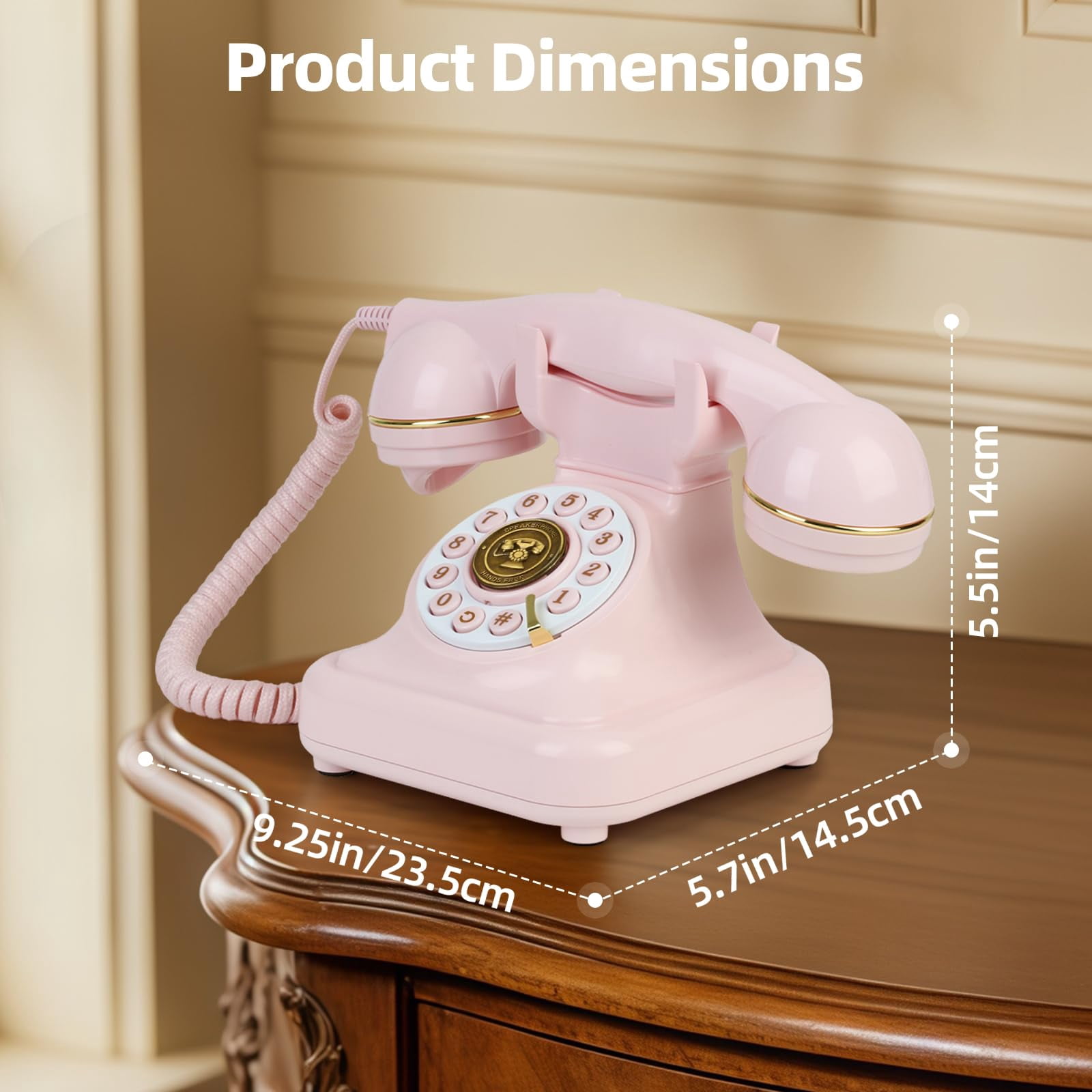 Phones Pinkie Landline Vintage Bluetooth Phone, Retro Desk Telephone with Gold Accents, Loud Nostalgic Ringtones, Bluetooth Connects to Smartphone for Home & Office