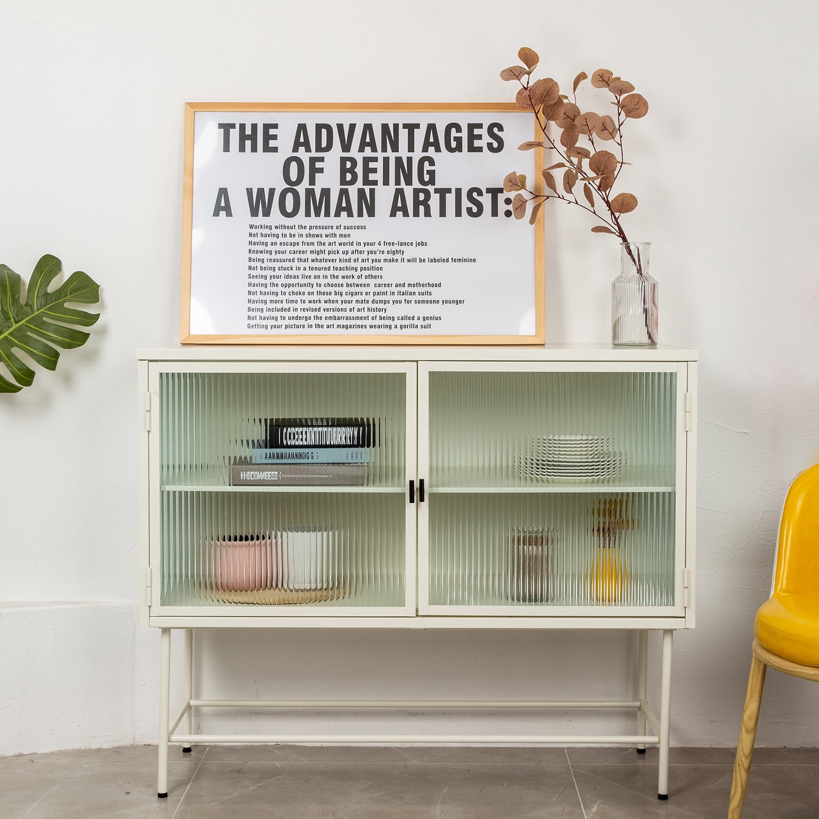 Retro Style Fluted Glass Storage with Dual Doors, Simple Modern