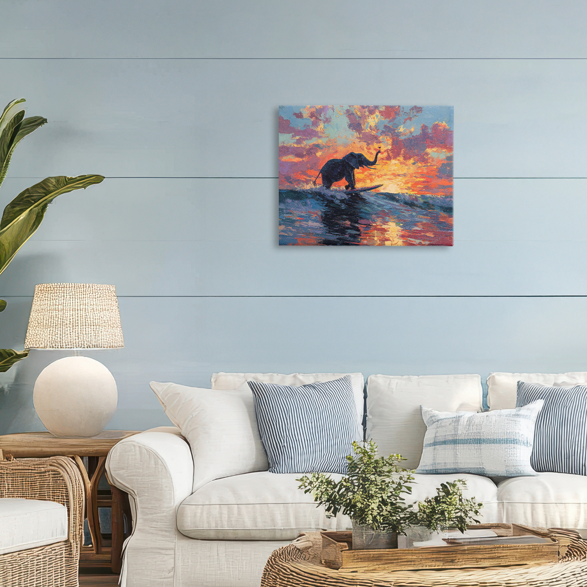 Sunset Surf Elephant Canvas Wall Art, design by Ziwei Li