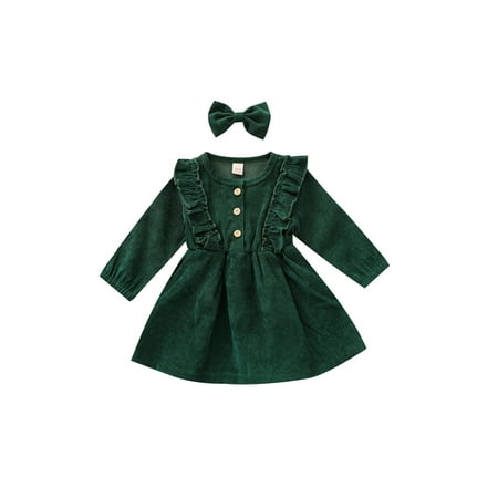

Franhais Baby Girl Dress High-Waist Midi Long Sleeve Round Collar Ruffle Buttons Princess Pleated Fall Skirt Headband