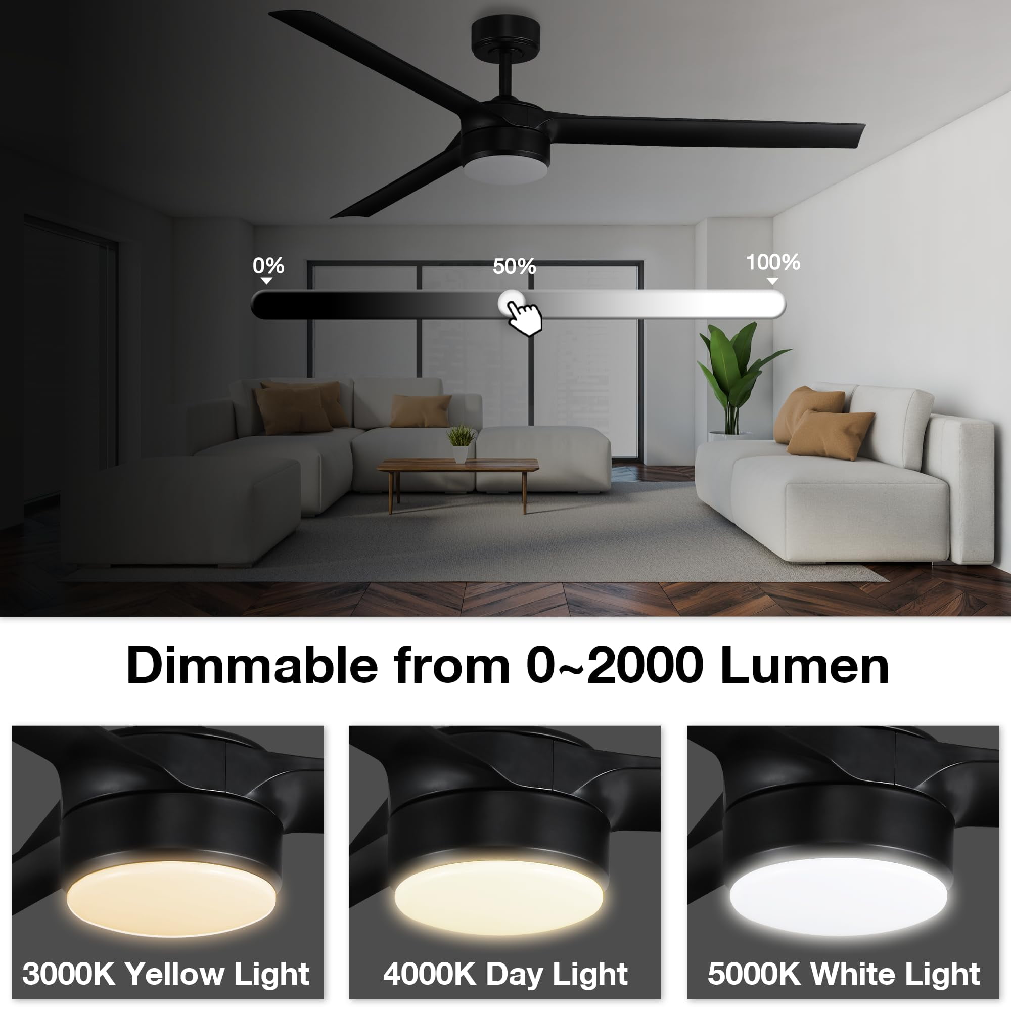 52 Inch Smart Outdoor Ceiling Fans with LED Lights and Remote,Quiet DC Motor,Dimmable, 3 Matte Black Blade for Bedroom Living Room Patio Porch, Indoor Modern Ceiling Fan Controlled by WIFI Alexa App