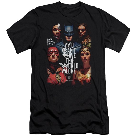 Justice League Movie - Save The World Poster - Premium Slim Fit Short Sleeve Shirt - Small