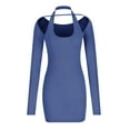 thumbnail image 3 of Herrnalise Women's Casual Solid Color SexyHanging Neck WrapHip Long Sleeve V-Neck Dresses S-2XL, 3 of 5