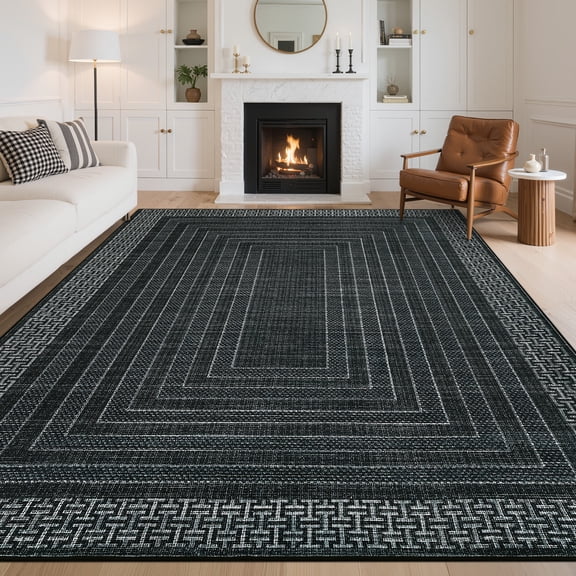 Garvee 8'x10' Geometric Bordered Area Rug Contemporary Indoor Carpet, Washable Rug Non Slip Low Pile Rug for Living Room Bedroom Dining Room, Black