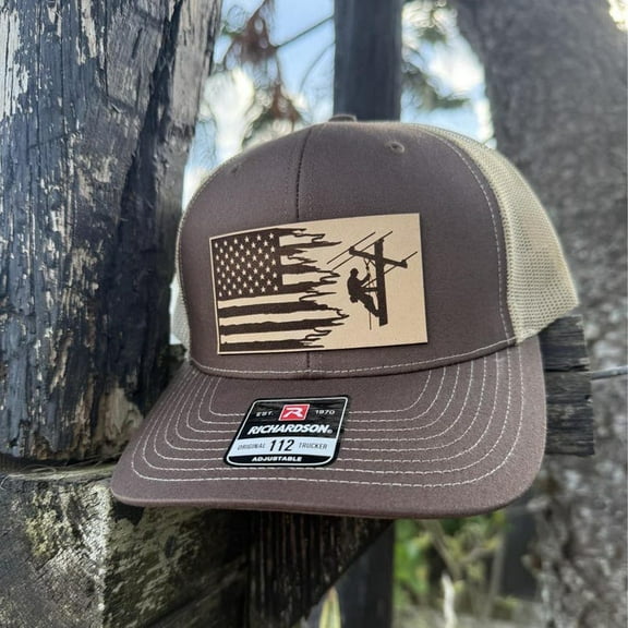 Lineman Flag Hat, Leather Patch Hat, Richardson 112 Trucker Cap, American Flag Hat, Utility Worker Gift