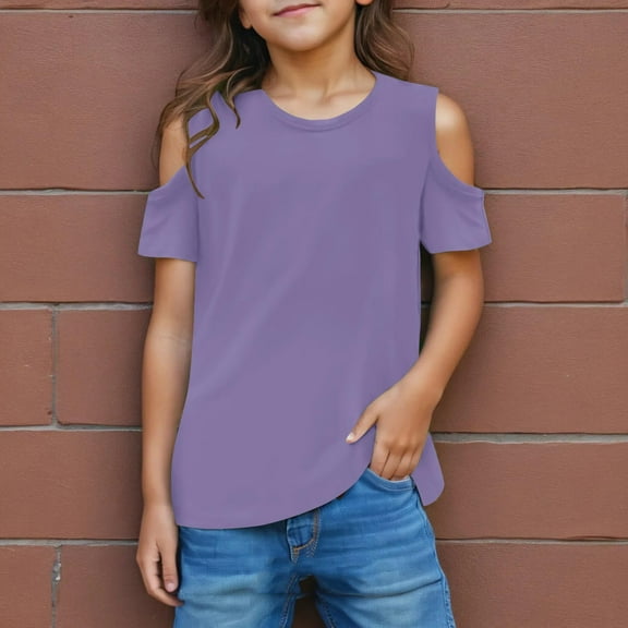 Girls Shirts, Cold Shoulder Tops, Short Sleeve Crew Neck Tunic Tops for Girls, Loose Fit Tee for Casual Wear, Comfortable Summer Play, 3-14 Years