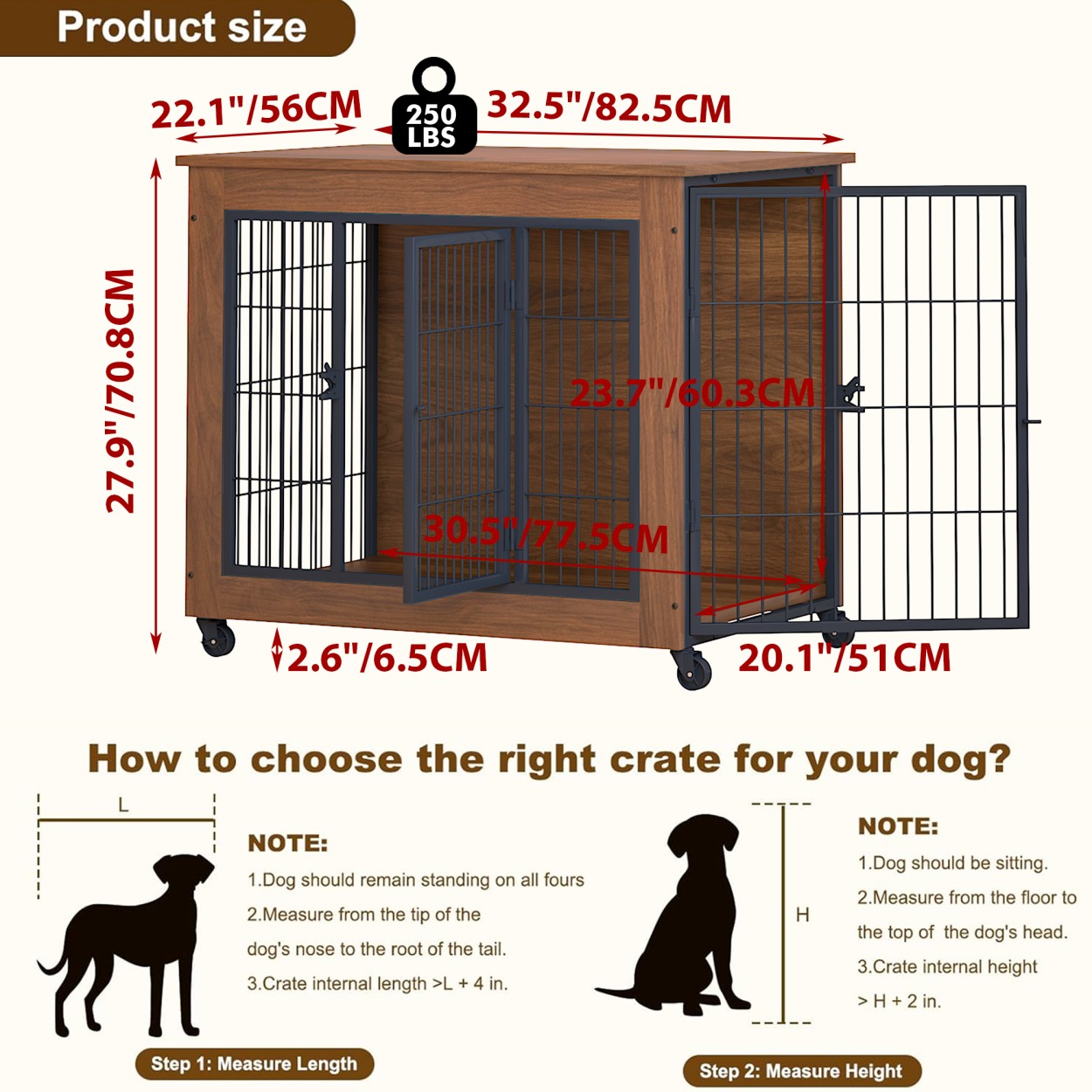 32.5" Dog Crate Furniture with Wheels for Small Dogs, Wooden Indoor Kennel with 2 Doors, Heavy Duty Metal Dog Cage End Table, Double Door Pet Crate, Brown