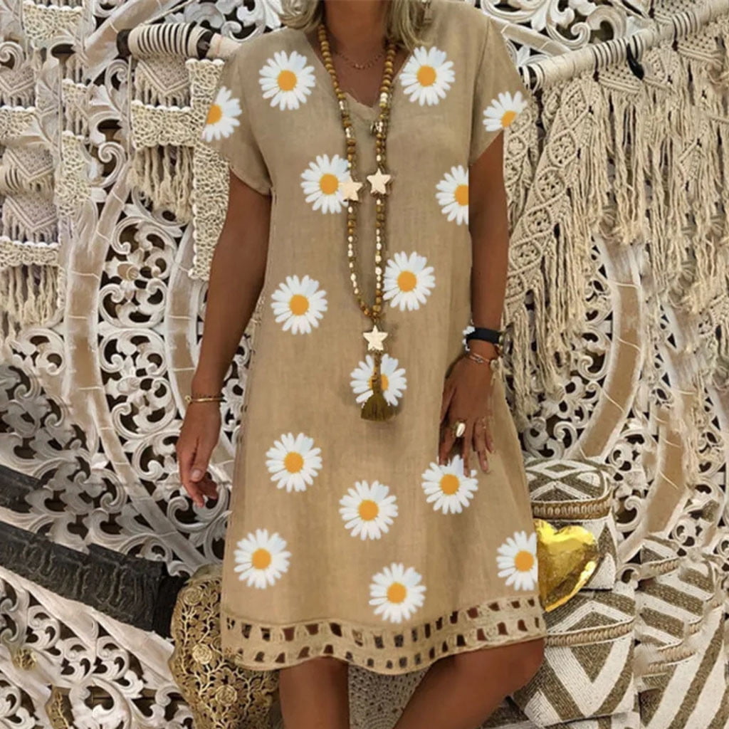 TOTO Midi Dresses For Women Summer Dress Vintage Loose V-Neck Floral ...