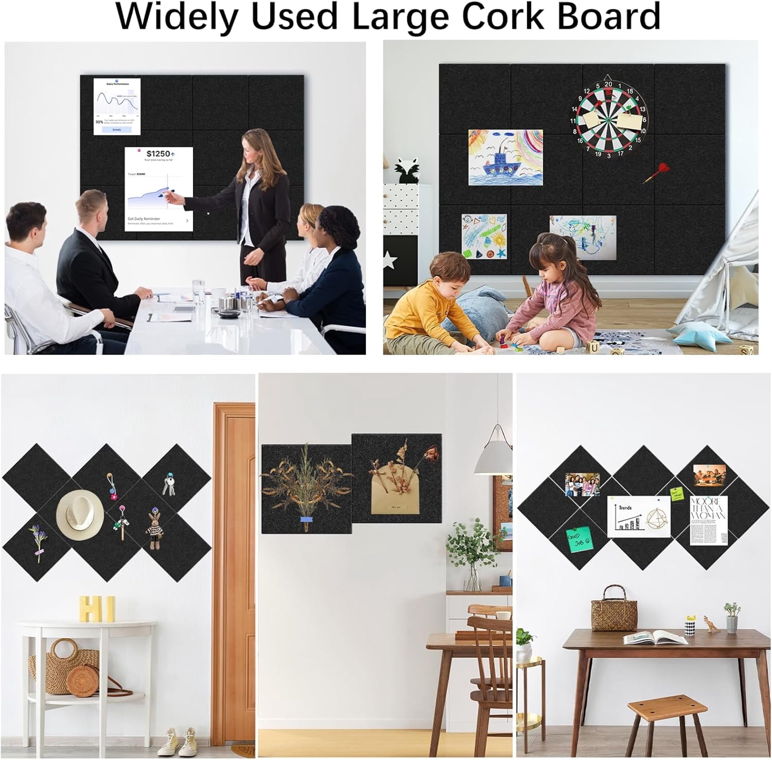 Topboutique Large Cork Board 12 Pack Felt Wall Tiles Black Bulletin Board with Self-Adhesive Stickers&Pushpins Square Pin Board for Office Home Walls-Black,12" x 12"