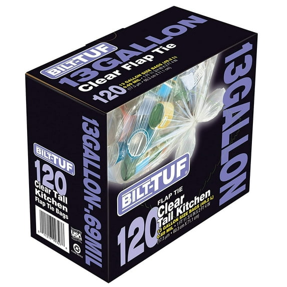 Clear Trash Bags Tall Kitchen 13 Gallon Flap Tie 120 Count Garbage Bags - Bilt-Tuf