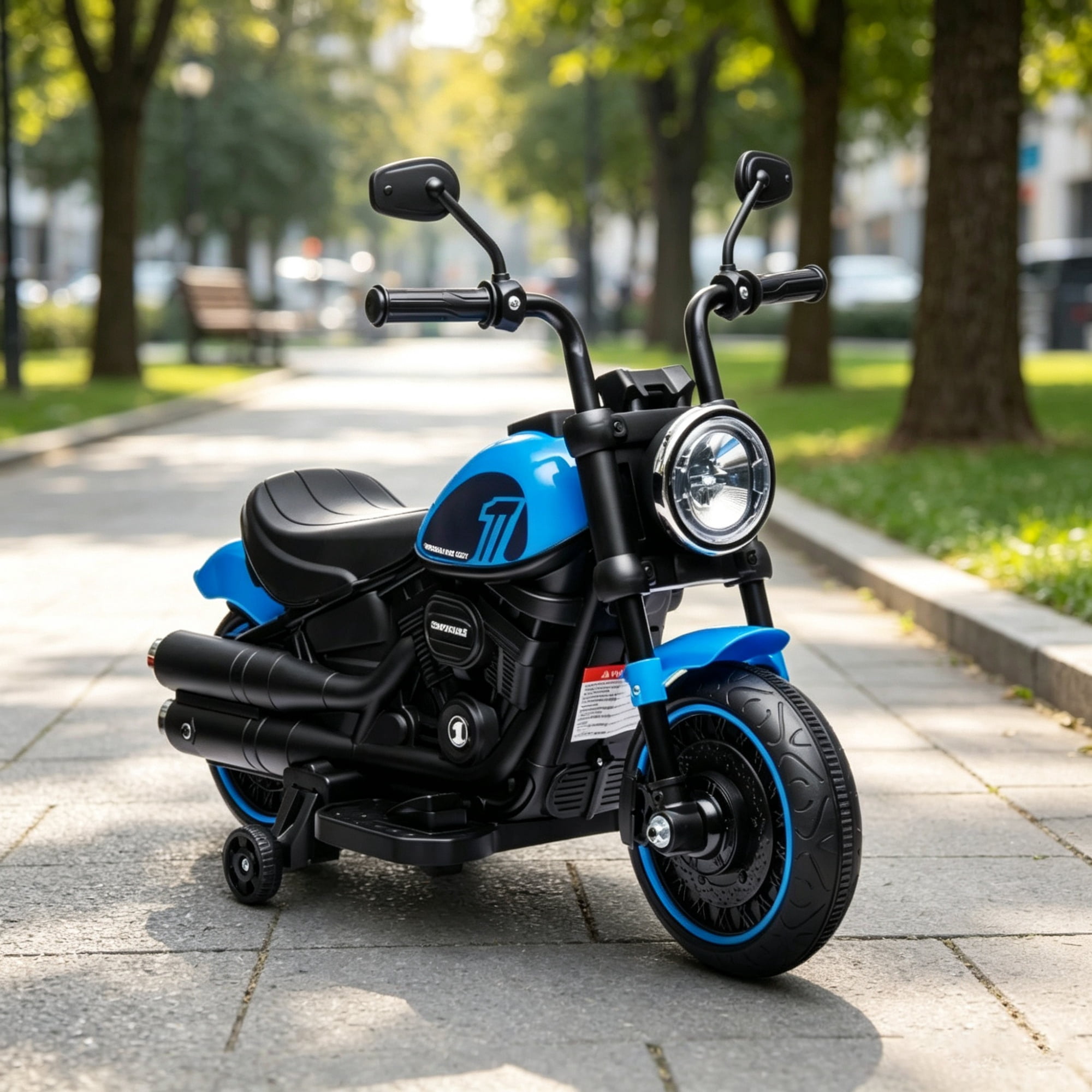 6V Kids Electric Motorcycle, Training Wheels, Single-Button Start Toddler Toy, Blue