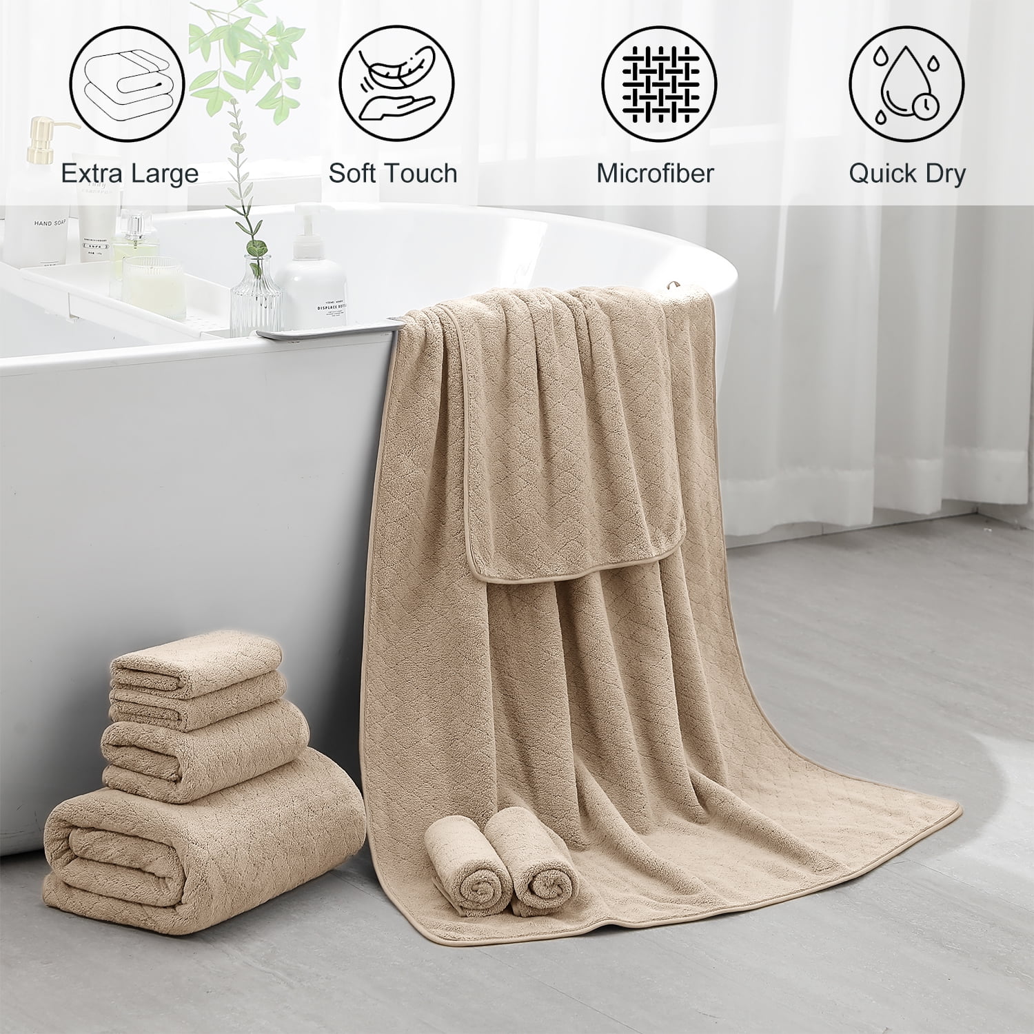 Beartech Microfiber 8 Piece Bath Towel Set,2 Bath Sheet,2 Hand Towel, 4 Washcloth,Quickly Dry & Super Absorbent,Ultra Soft Bathroom Towel Set,Oversized Shower Towel Luxury Hotel Towel-Camel