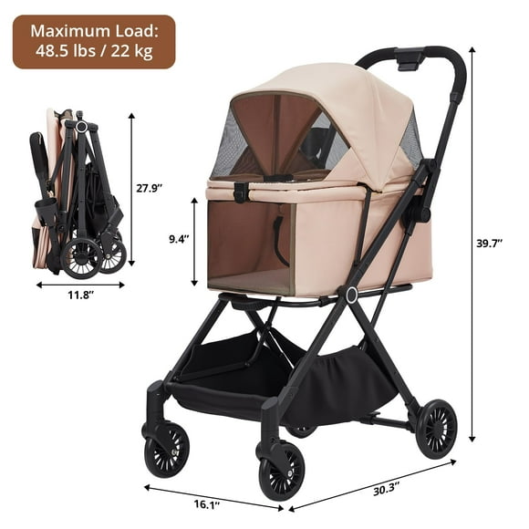 AKDSteel 4-Wheel Lightweight Dog Stroller, Foldable Pet Stroller for Cats & Small to Medium Dogs up to 50 lbs, 360° Swivel Wheels, Foot Brake