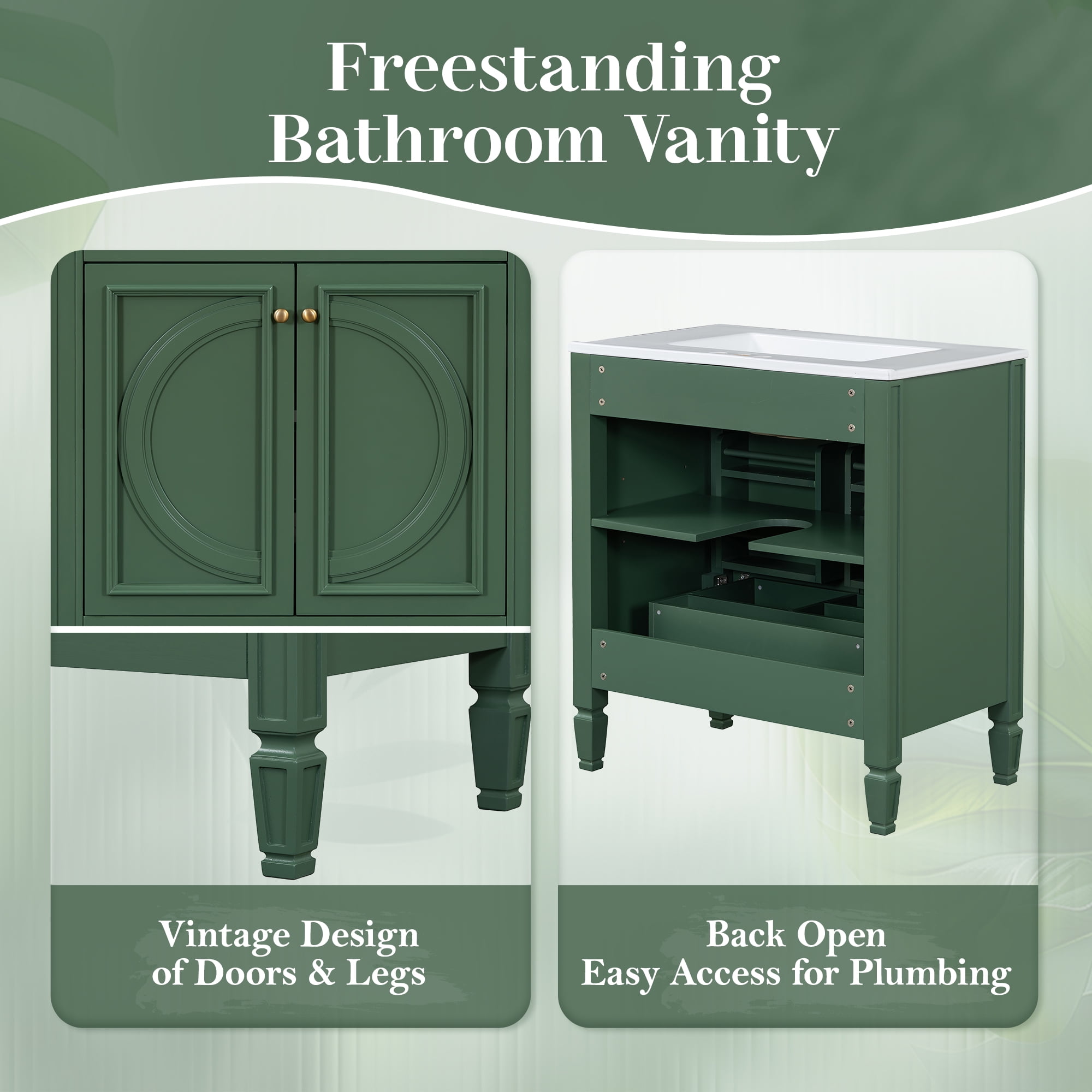 30" Bathroom Vanity with Sink, Two Doors with Shelf, Soft Close Door Hinges, Vintage Style, Green