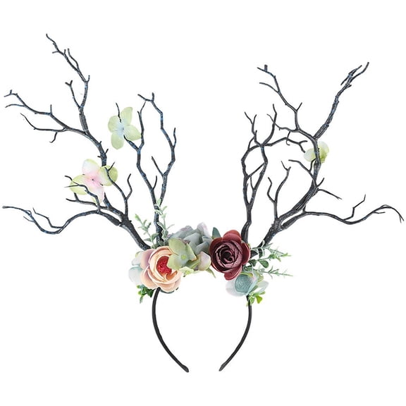 Slccxzc Floral Deer Antler Headband Forest Fairy Tree Branch Headpiece for Halloween Party