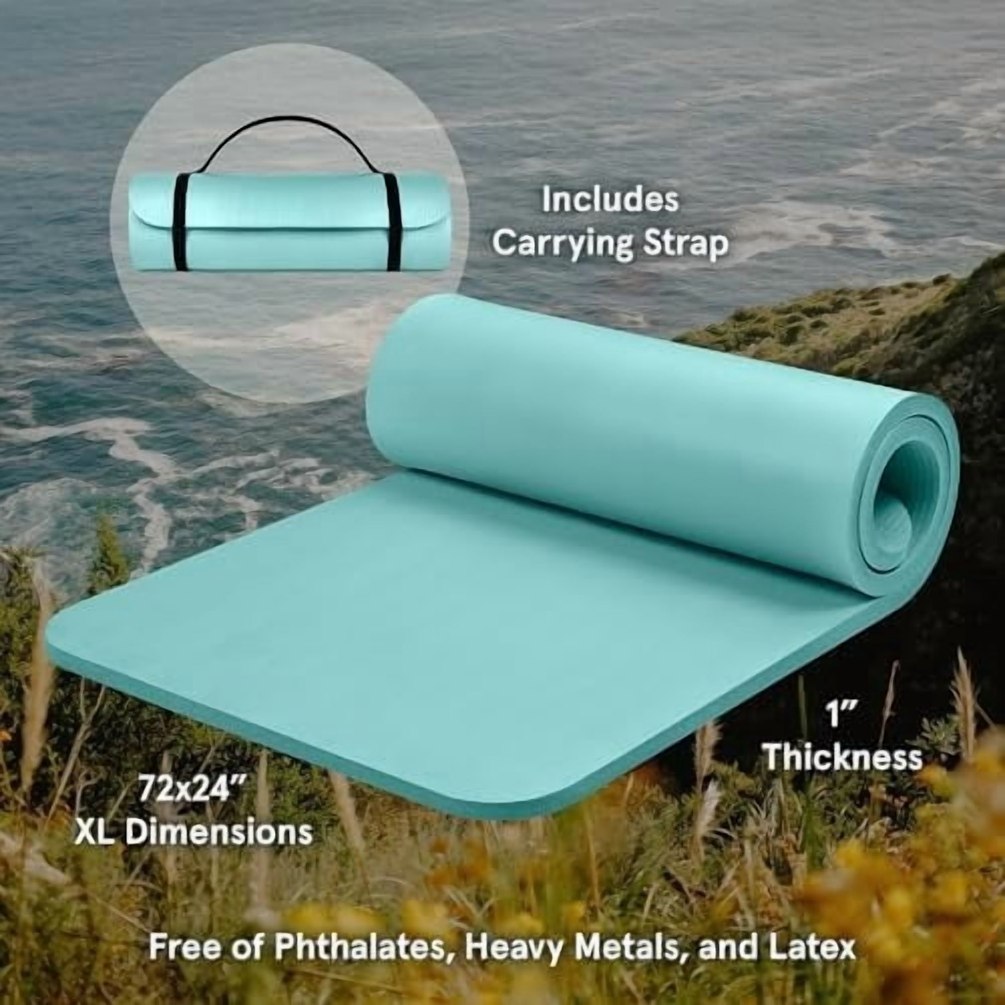 Solana Yoga Mat 1" Thick w/Nylon Strap for Men & Women - Non Slip Exercise Mat for Home Yoga, Pilates, Stretching, Floor & Fitness Workouts Blue Ridge,1 inch